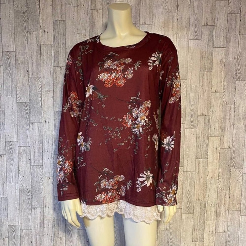 Sanifer Maroon Floral with Lace Detail Women's Blouse Size Large